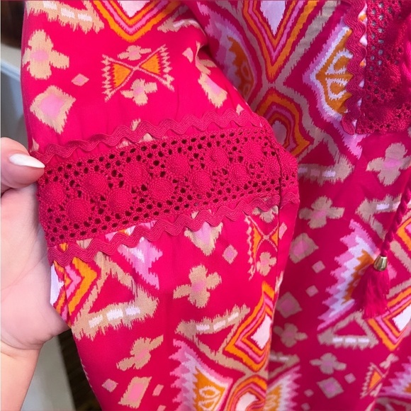 TORY BURCH 100% Cotton Pink & Orange Crotchet/Tassel Longsleeve Tunic Top Sz 6 - Picture 9 of 13